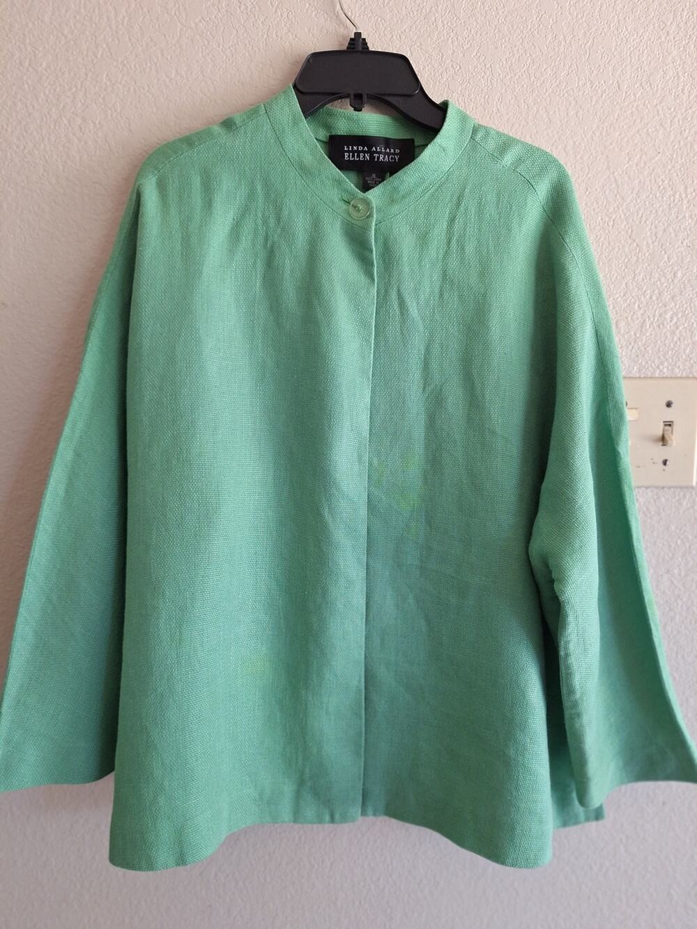 Vintage 100% Linen Sz16 Ellen Tracy Mint Green Single Button Cardigan Dolman